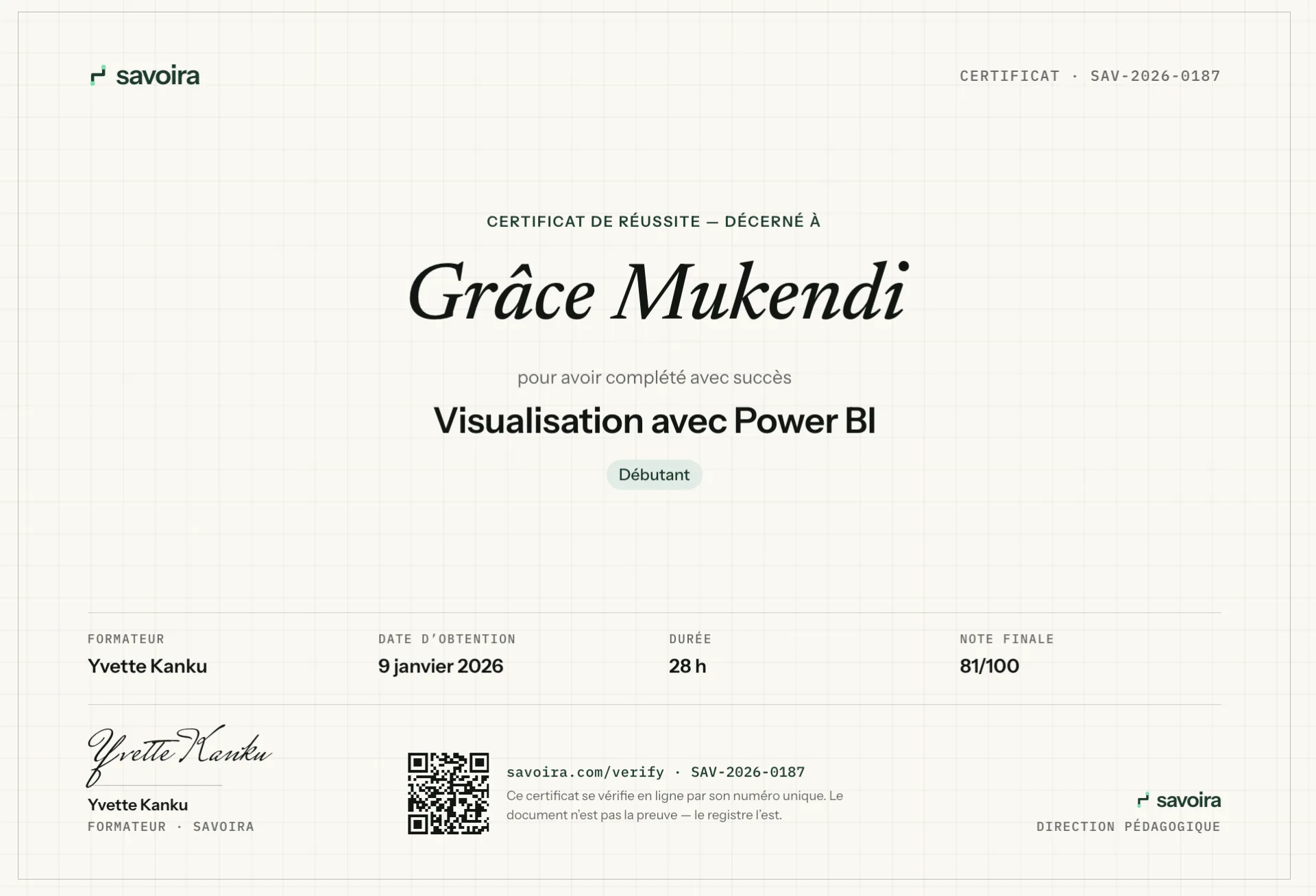 Certificat de réussite Savoira, vérifiable et partageable